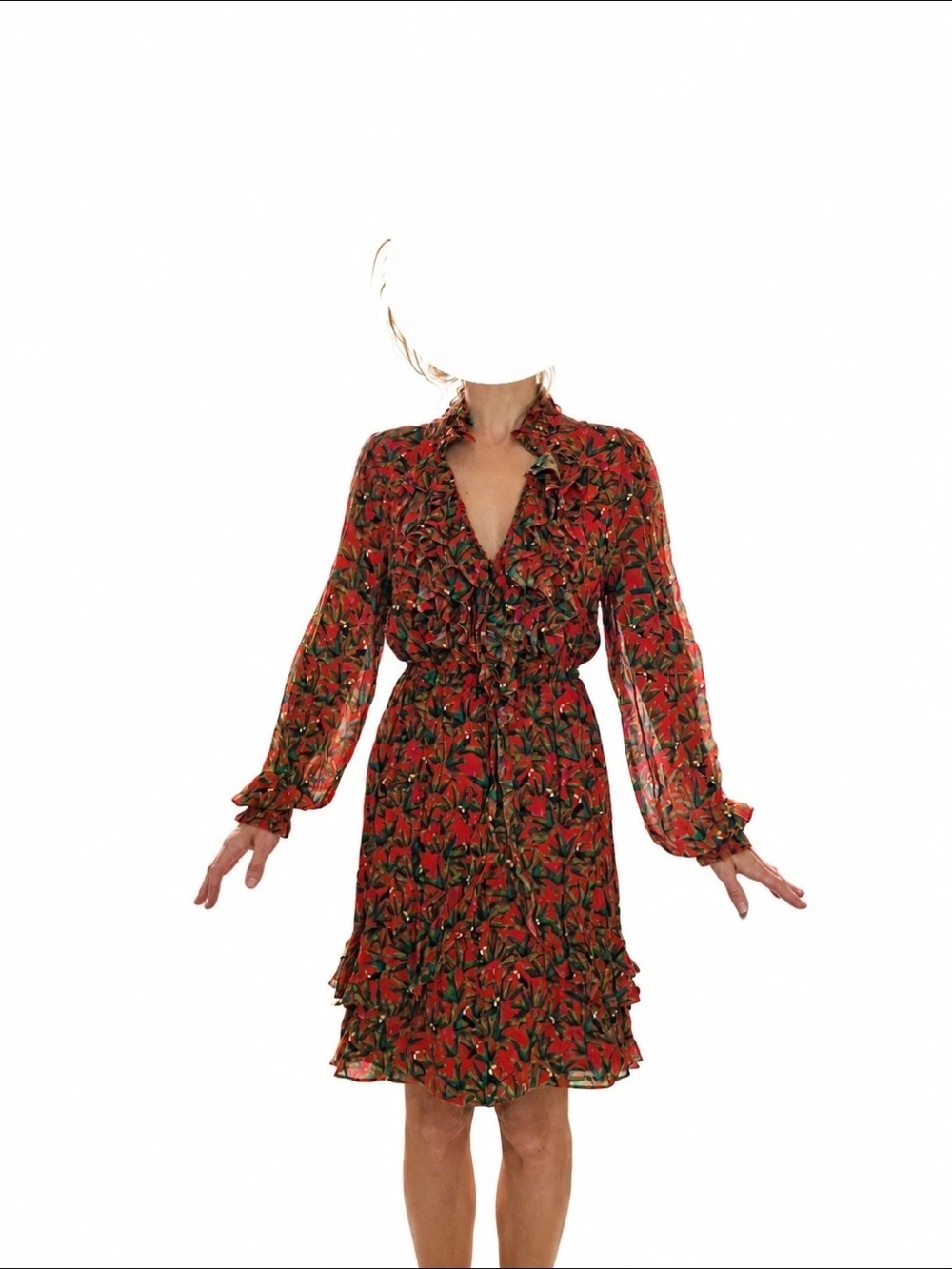 FARM Rio Red Floral Ruffle Long-Sleeve Dress